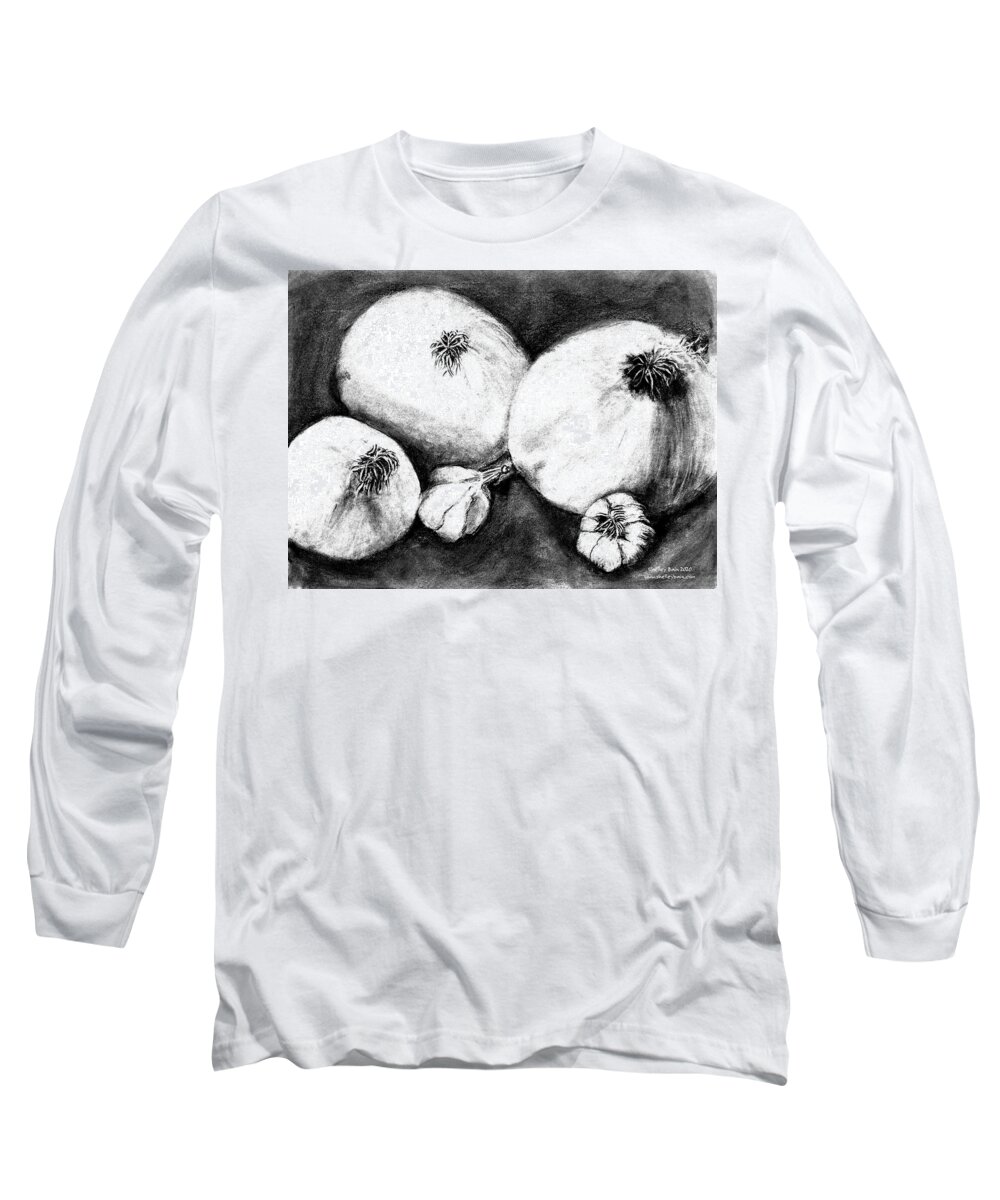 Charcoal Long Sleeve T-Shirt featuring the drawing Onions and garlic by Shelley Bain