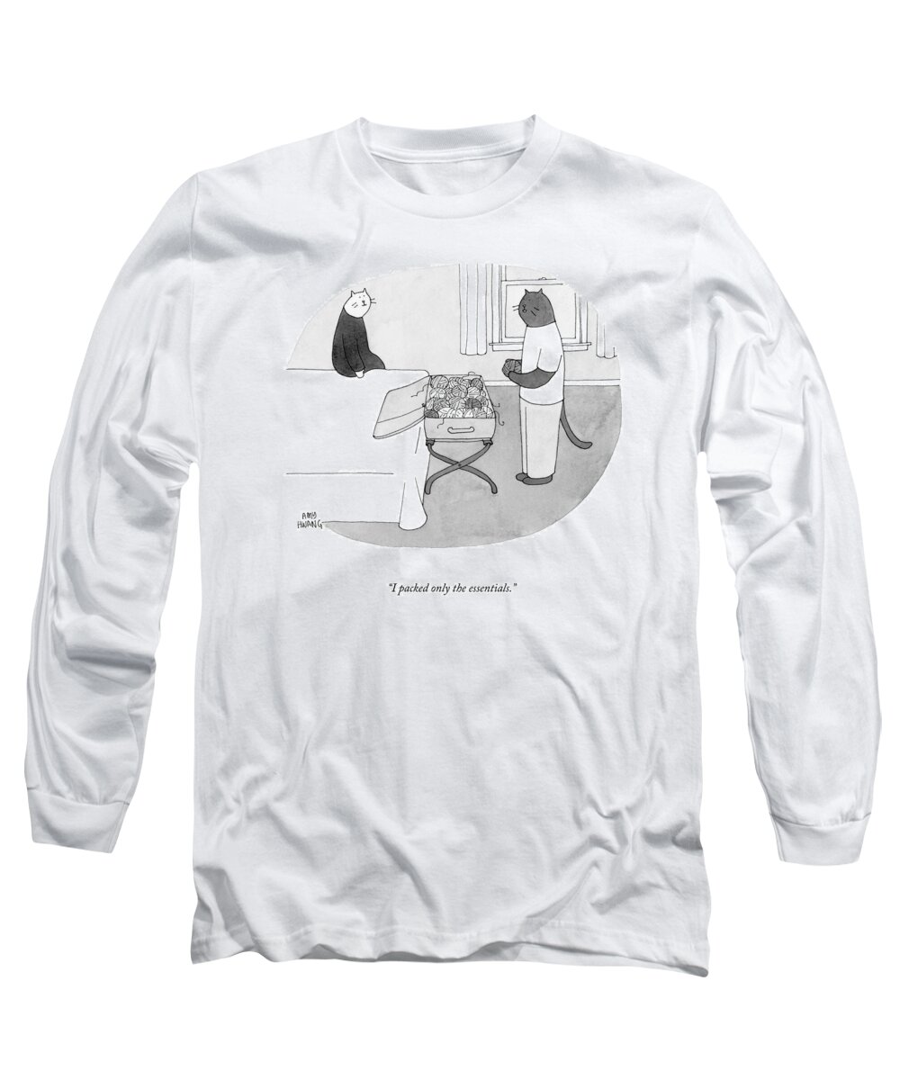 I Packed Only The Essentials. Cat Long Sleeve T-Shirt featuring the drawing Only The Essentials by Amy Hwang