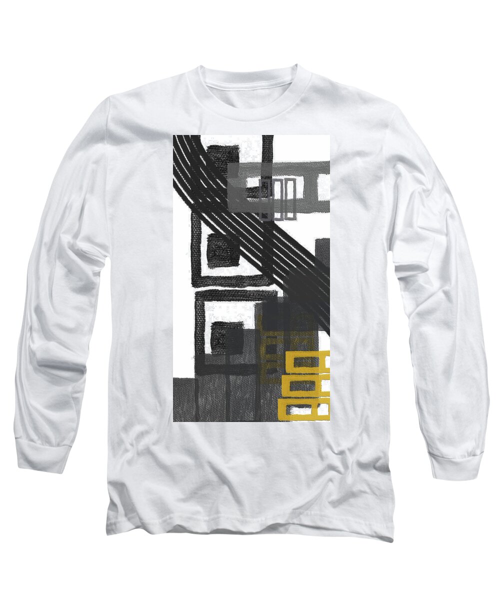 Yellow Long Sleeve T-Shirt featuring the painting Overlook -Yellow And Gray Modern Abstract Art by Lourry Legarde
