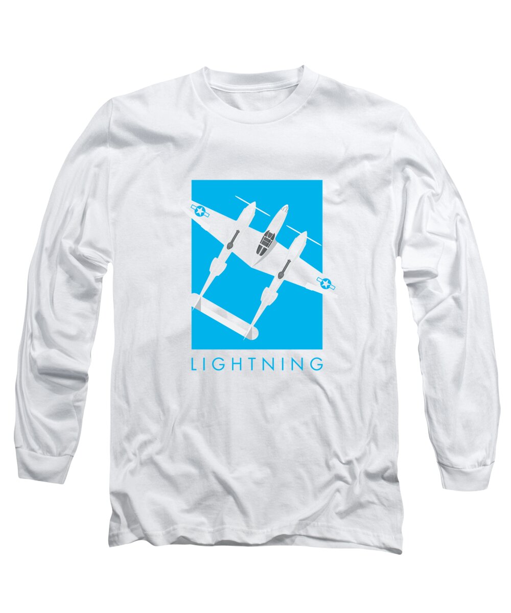 Aircraft Long Sleeve T-Shirt featuring the digital art P-38 Lightning WWII Fighter Aircraft - Landscape Cyan by Organic Synthesis
