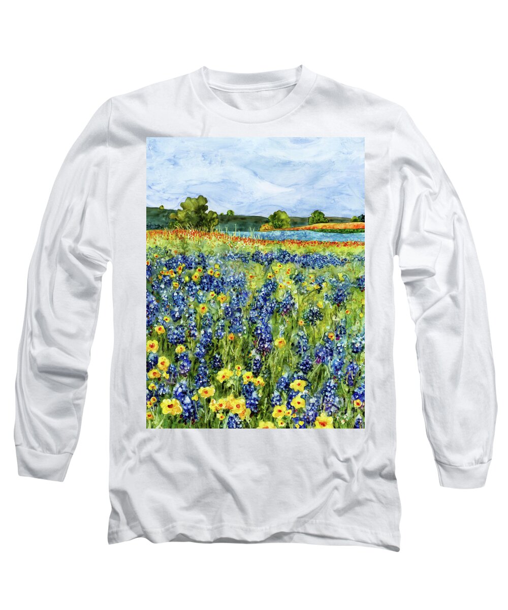 Bluebonnet Long Sleeve T-Shirt featuring the painting Painted Hills - Bluebonnets and Coreopsis 2 by Hailey E Herrera