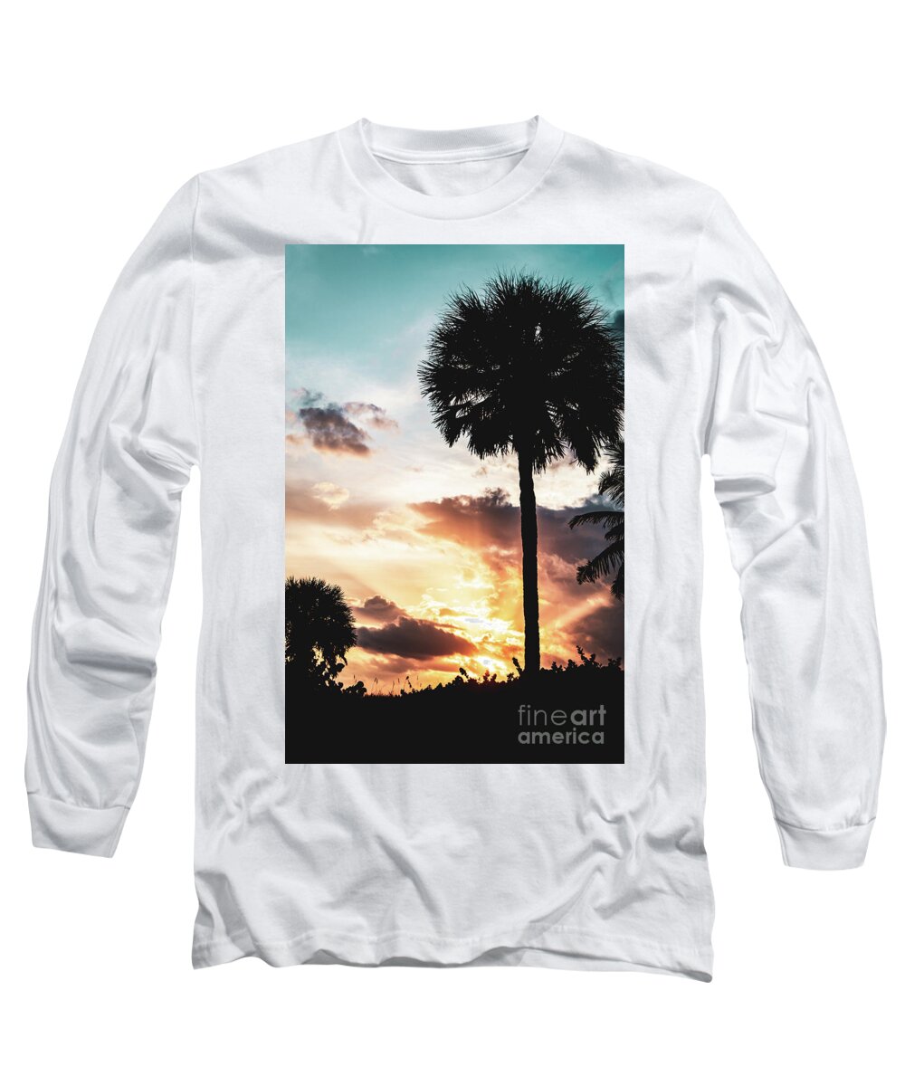 Tropical Long Sleeve T-Shirt featuring the photograph Palm Tree Silhouettes and Sunset Coastal Nature / Landscape Photo by PIPA Fine Art - Simply Solid