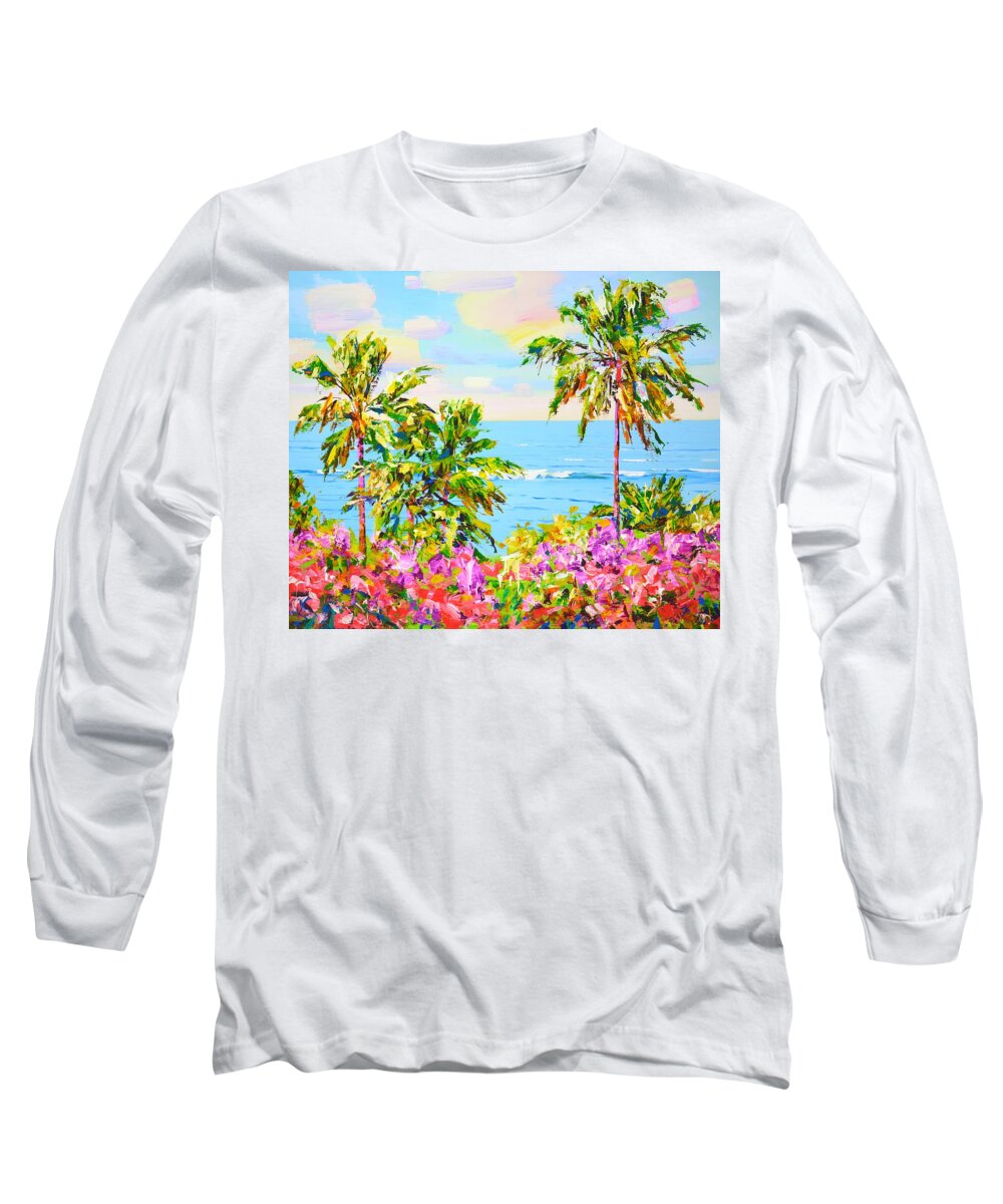 Ocean Long Sleeve T-Shirt featuring the painting 	Palms. Ocean. Flowers. by Iryna Kastsova