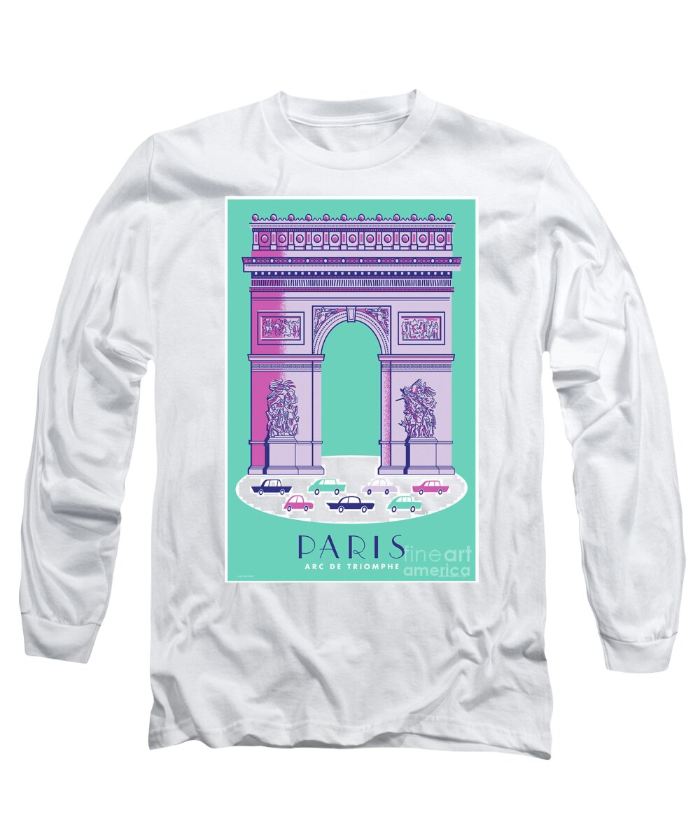 Pop Art Long Sleeve T-Shirt featuring the digital art Paris Poster Arc de Triomphe - Retro Travel Poster by Jim Zahniser