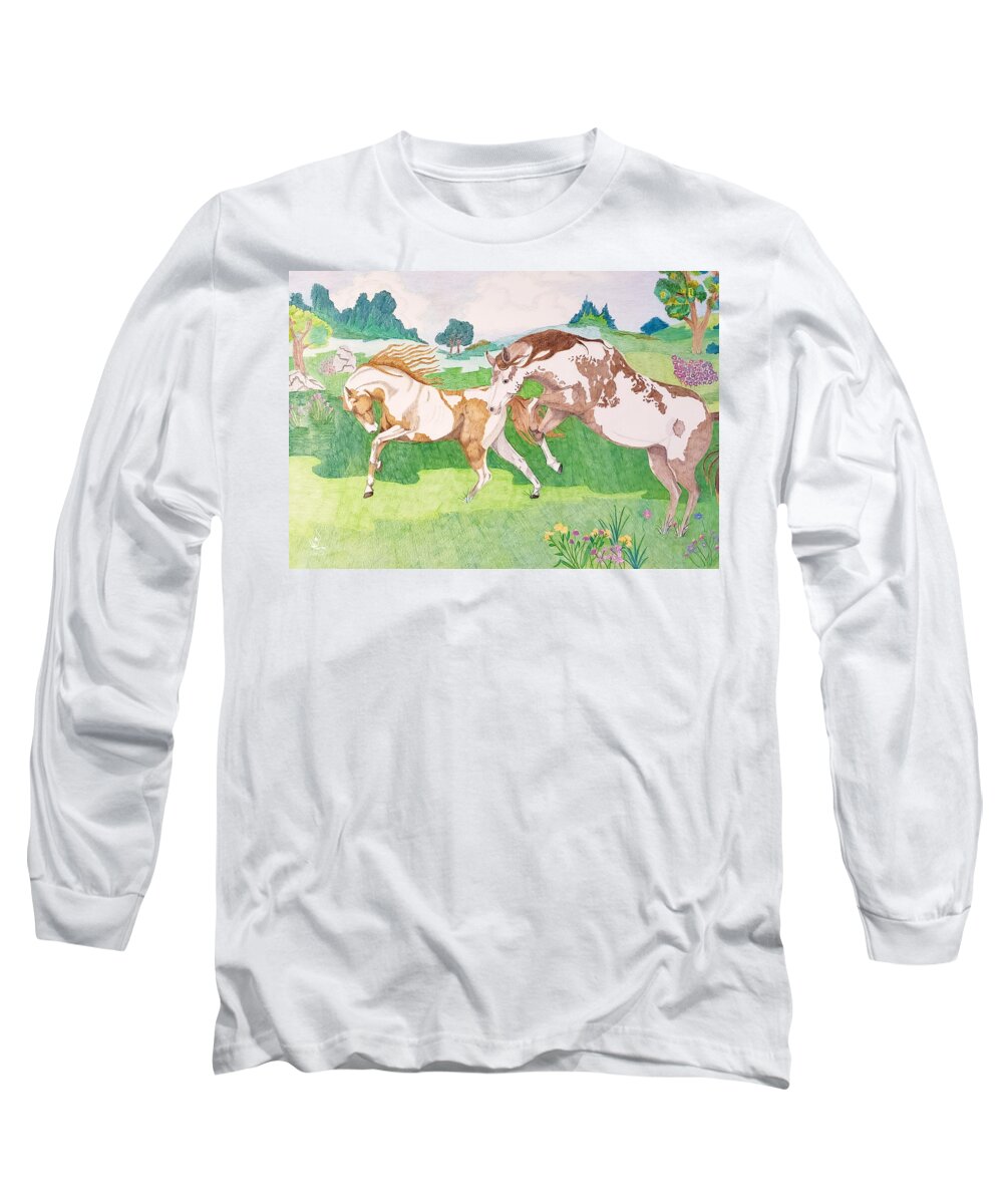 Horse Artist Long Sleeve T-Shirt featuring the drawing Pasture Friends by Equus Artisan