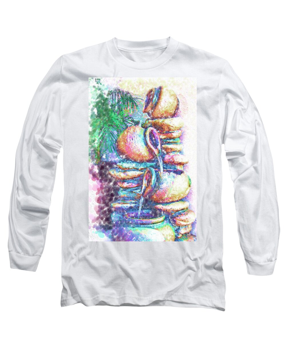 Fountain Long Sleeve T-Shirt featuring the digital art Patio Fountain by Kirt Tisdale