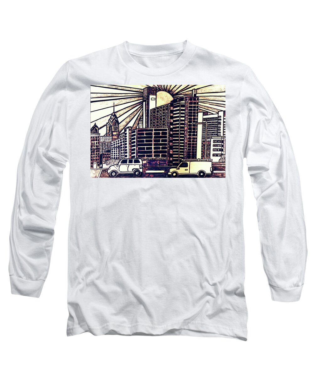 Philadelphia Long Sleeve T-Shirt featuring the drawing Philadelphia Sun by Monica Engeler