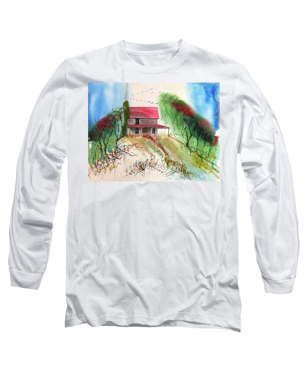 Farm Long Sleeve T-Shirt featuring the painting Poindexter 1908 Ancestral Homested and Farm ar Smith Mountain Lake in Virginia by Catherine Ludwig Donleycott