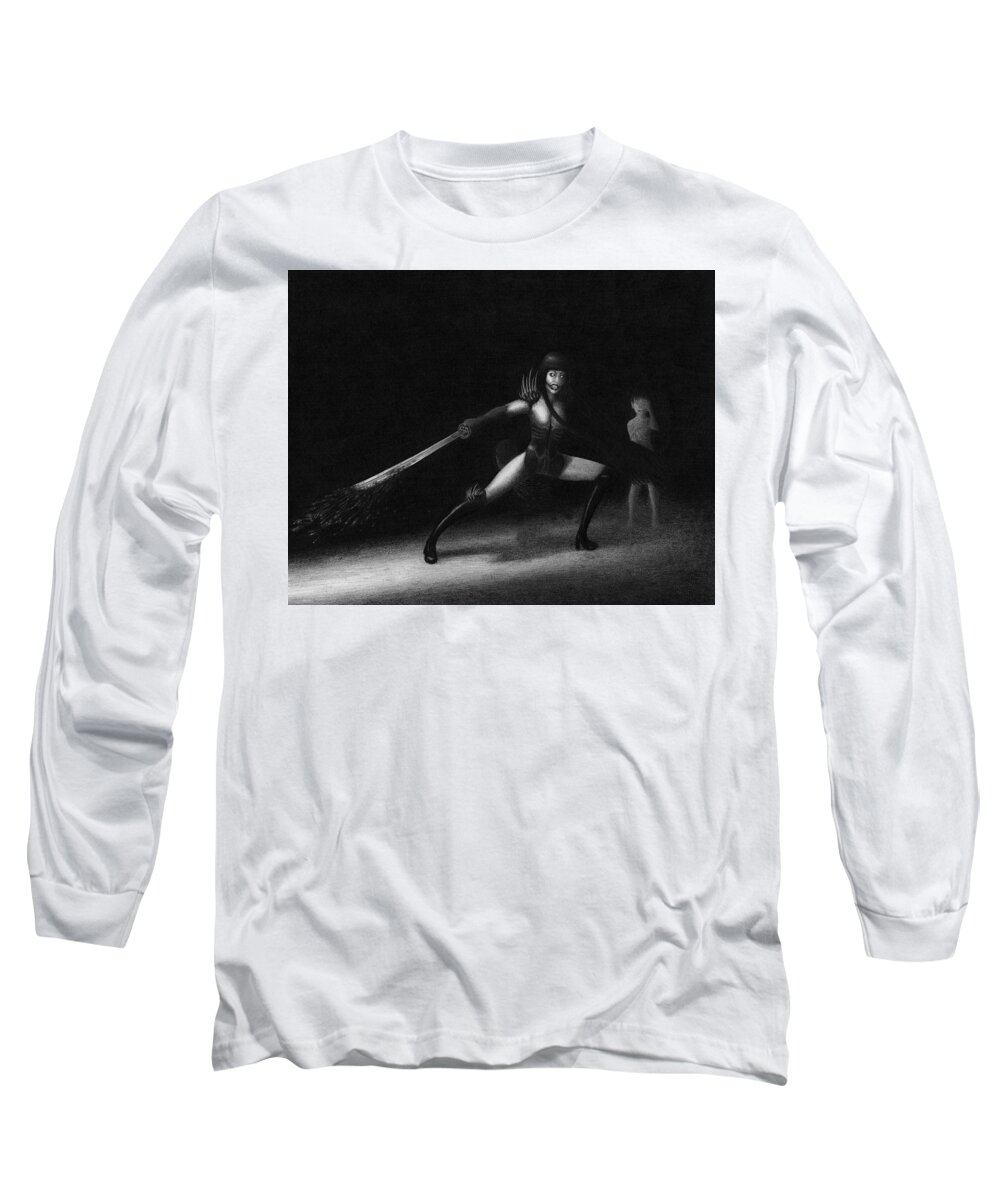 Horror Long Sleeve T-Shirt featuring the drawing Protecting Her From Monsters - Artwork... by Ryan Nieves