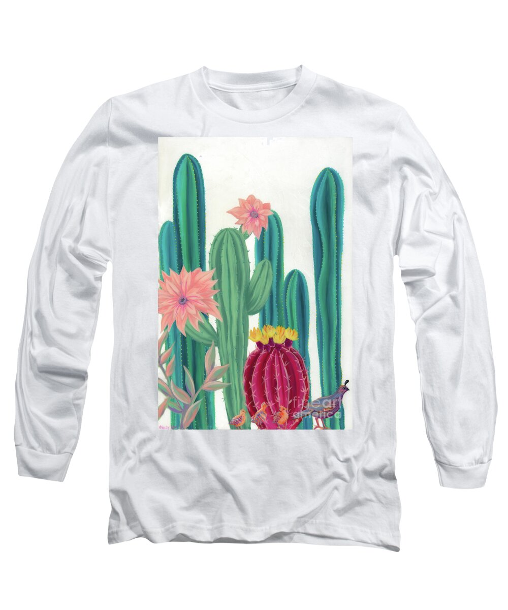 Cactus Long Sleeve T-Shirt featuring the painting Quail Parade by Ashley Lane