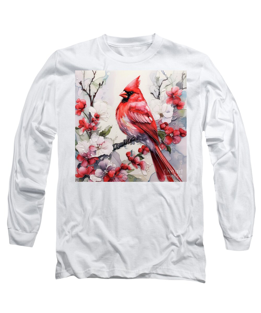 Northern Cardinal Long Sleeve T-Shirt featuring the painting Radiant Red Cardinal by Tina LeCour