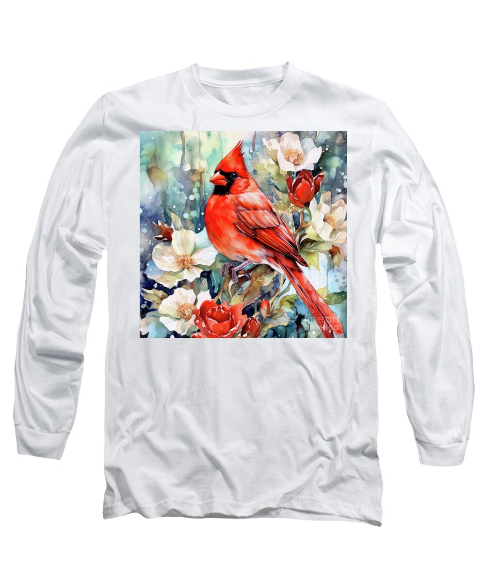 Northern Cardinal Long Sleeve T-Shirt featuring the painting Red Cardinal In The Roses by Tina LeCour