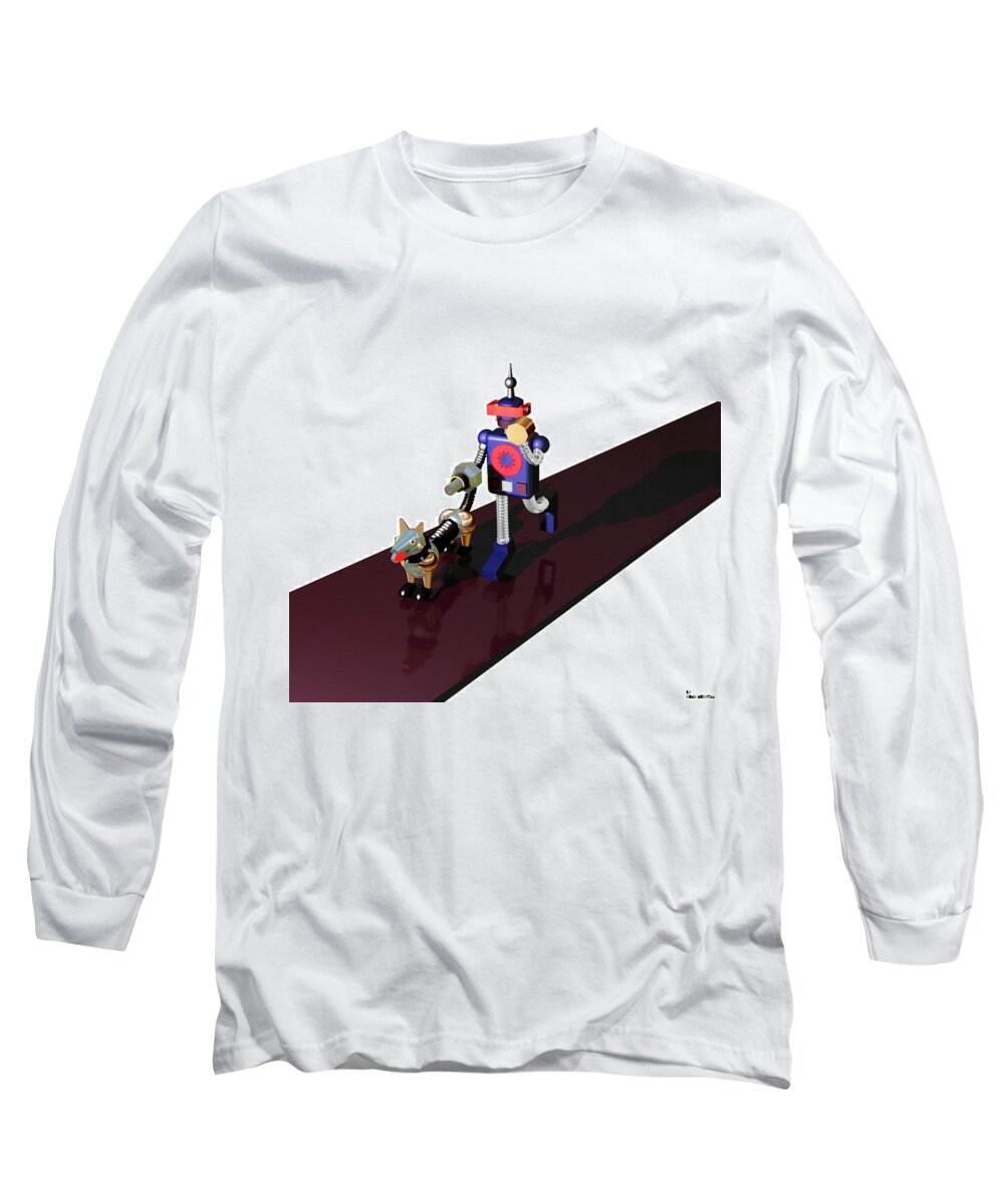 Robot Long Sleeve T-Shirt featuring the digital art Robby the Robot walks K-9 by Vintage Collectables