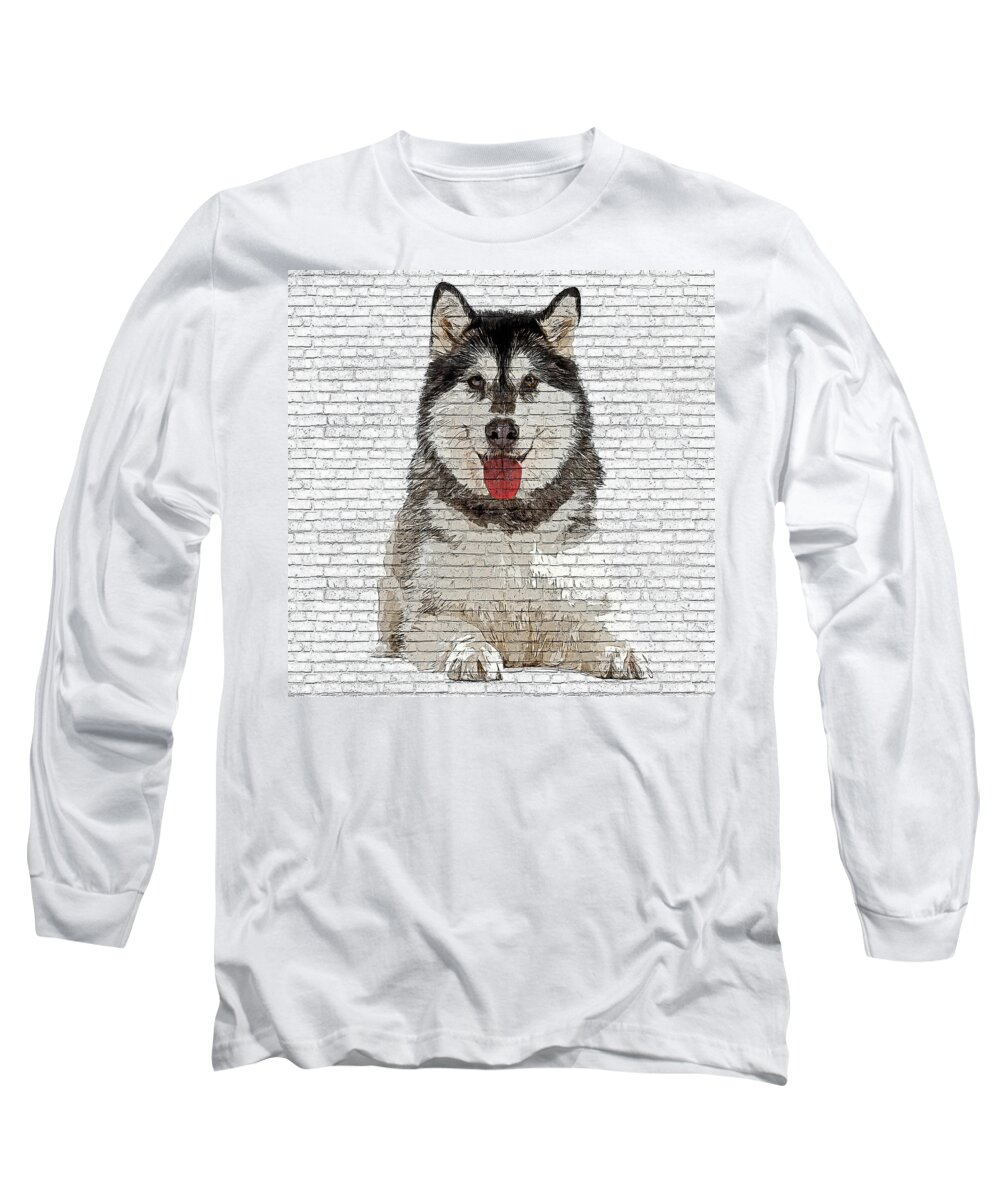 Alaskan Malamute Long Sleeve T-Shirt featuring the painting Savage and Cool, Alaskan Malamute Dog - Brick Block Background by Custom Pet Portrait Art Studio