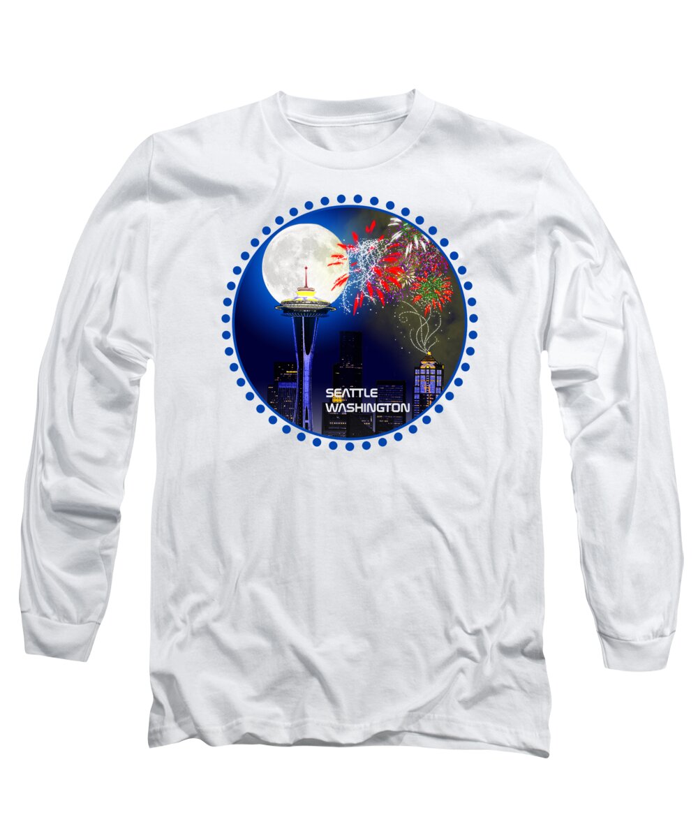 Seattle Skyline Long Sleeve T-Shirt featuring the painting Seattle Skyline by Two Hivelys