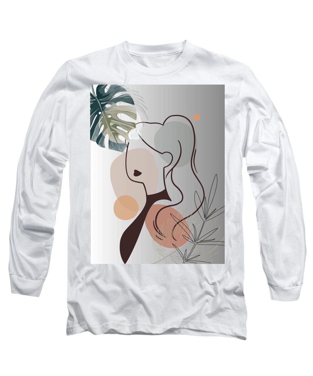 Female Figure Long Sleeve T-Shirt featuring the drawing Set of tropical beauty. Women in elegant line art style. Monstera and palm leaves background. No 2/3 by Mounir Khalfouf
