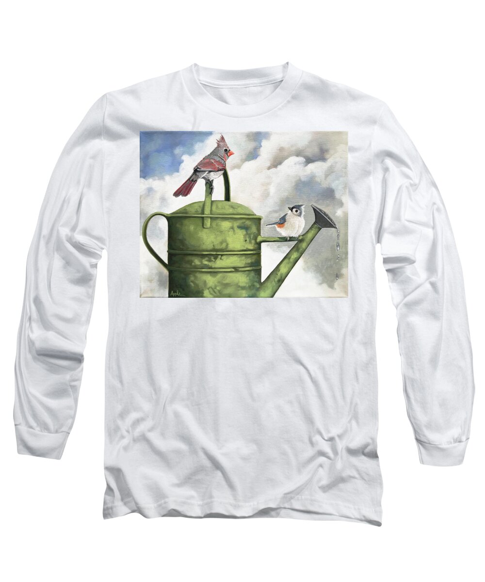 Birds Long Sleeve T-Shirt featuring the painting Sharing by Linda Apple