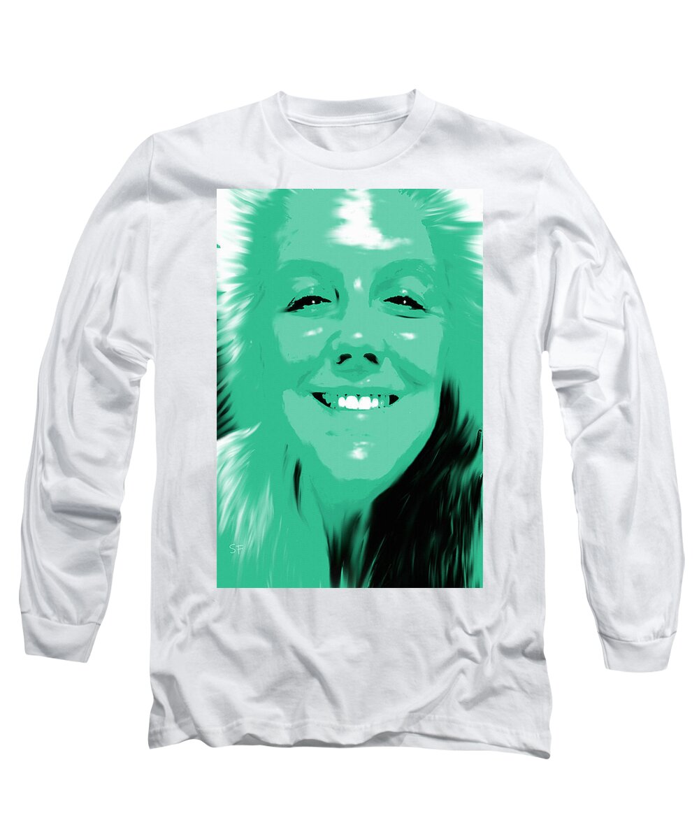People Long Sleeve T-Shirt featuring the mixed media Shiny Happy Neo Mint Smiling Green Lady Pop Art by Shelli Fitzpatrick