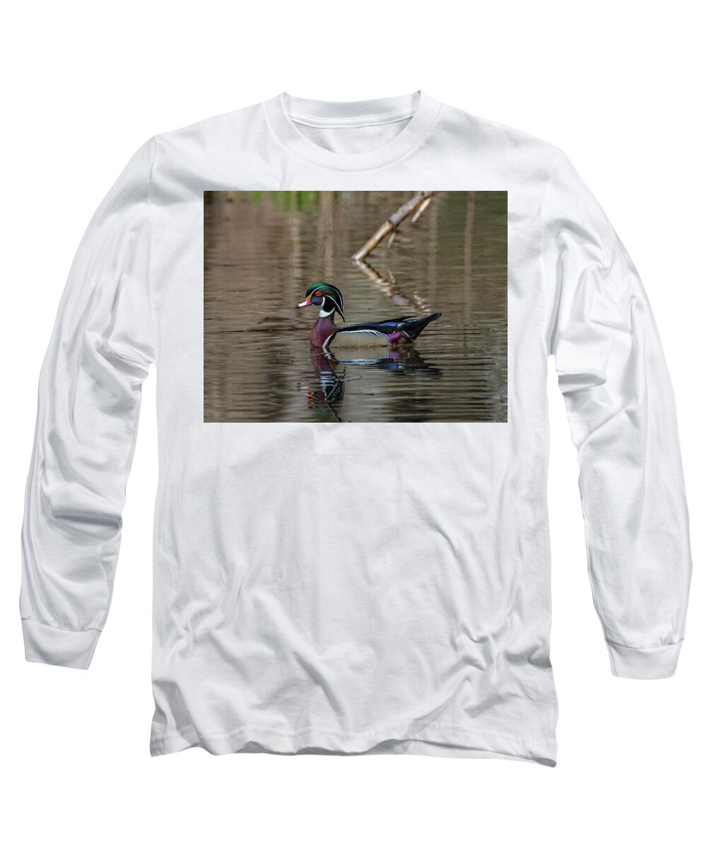 Animals Long Sleeve T-Shirt featuring the photograph Solo Wood Duck by Brian Shoemaker
