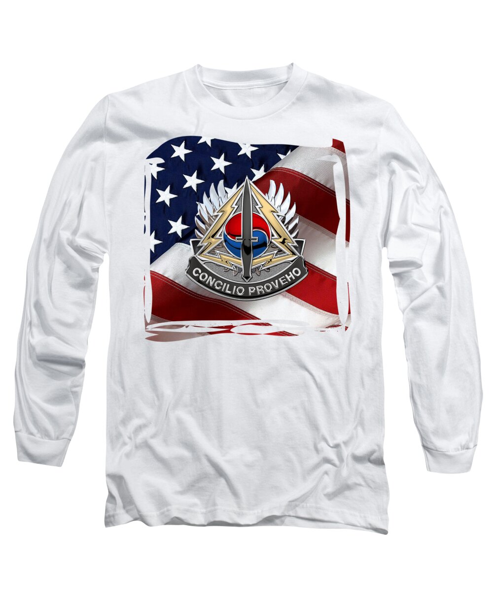 'military Insignia & Heraldry’ Collection By Serge Averbukh Long Sleeve T-Shirt featuring the digital art Special Operations Command Korea - S O C K O R Distinctive Unit Insignia over American Flag by Serge Averbukh