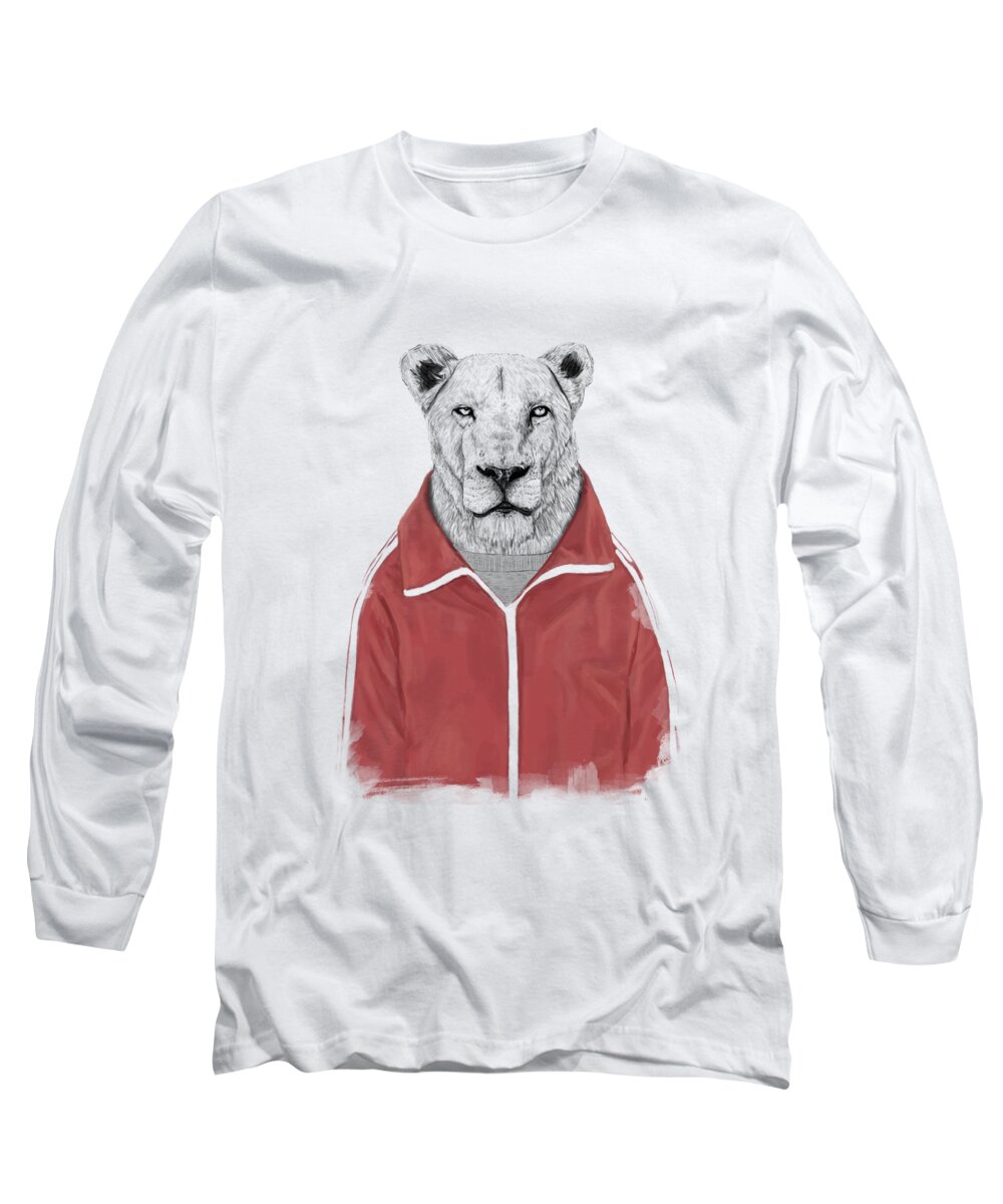 Lion Long Sleeve T-Shirt featuring the drawing Sporty lion by Balazs Solti