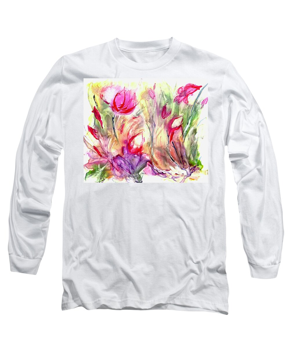 Tulips Long Sleeve T-Shirt featuring the painting Spring is Springing by Patty Donoghue