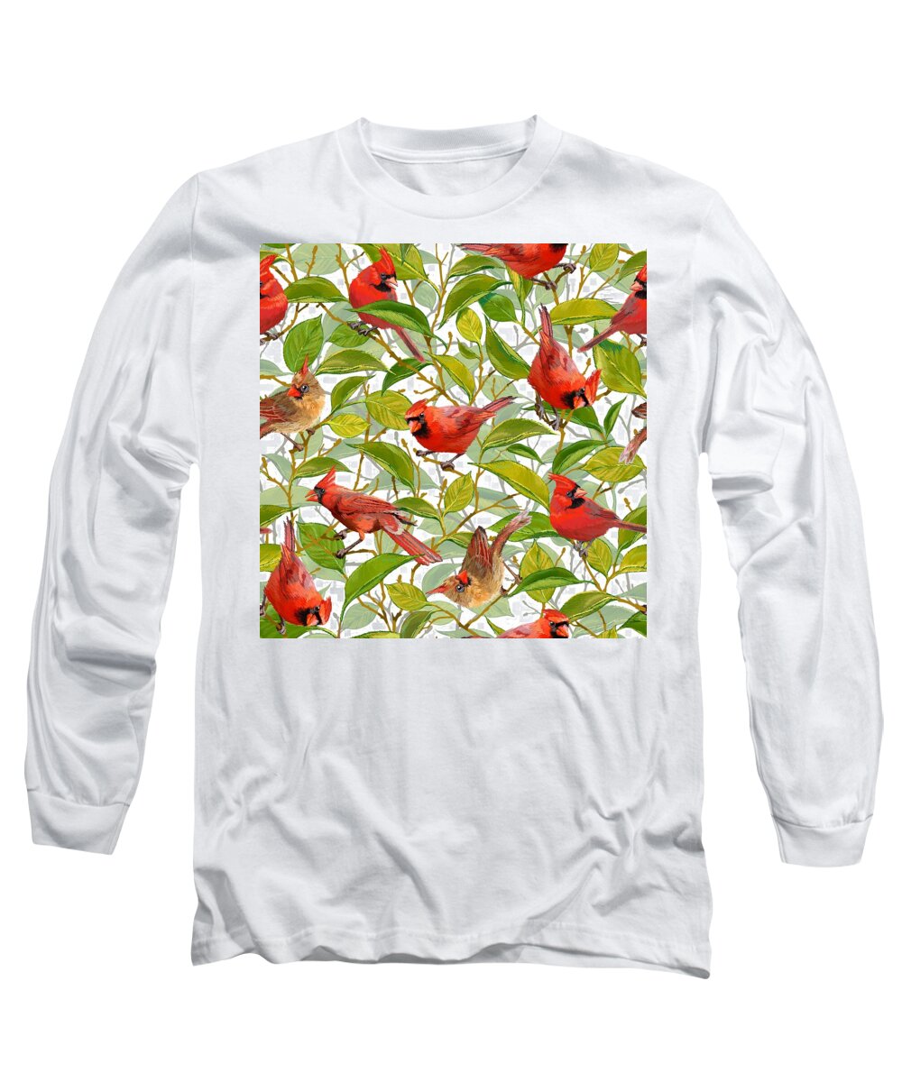 Cardinal Long Sleeve T-Shirt featuring the drawing Springtime Cardinals - White by L Diane Johnson