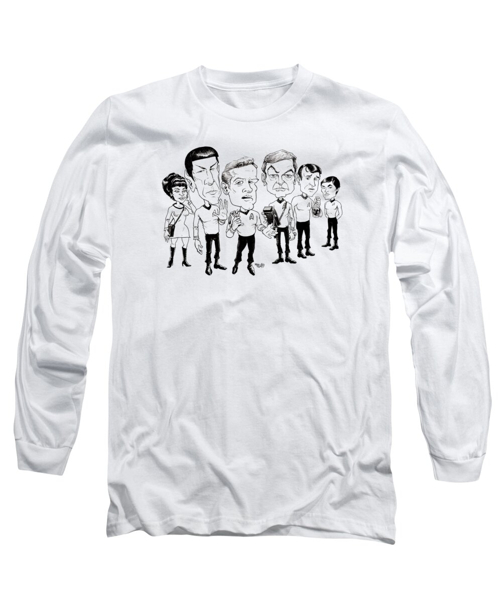 Caricature Long Sleeve T-Shirt featuring the drawing Star Trek 1968 by Mike Scott