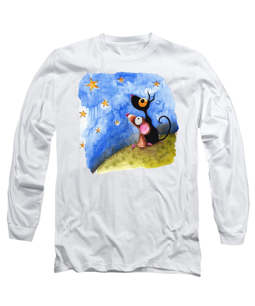 Stressie Cat Long Sleeve T-Shirt featuring the painting Starry Evening by Lucia Stewart