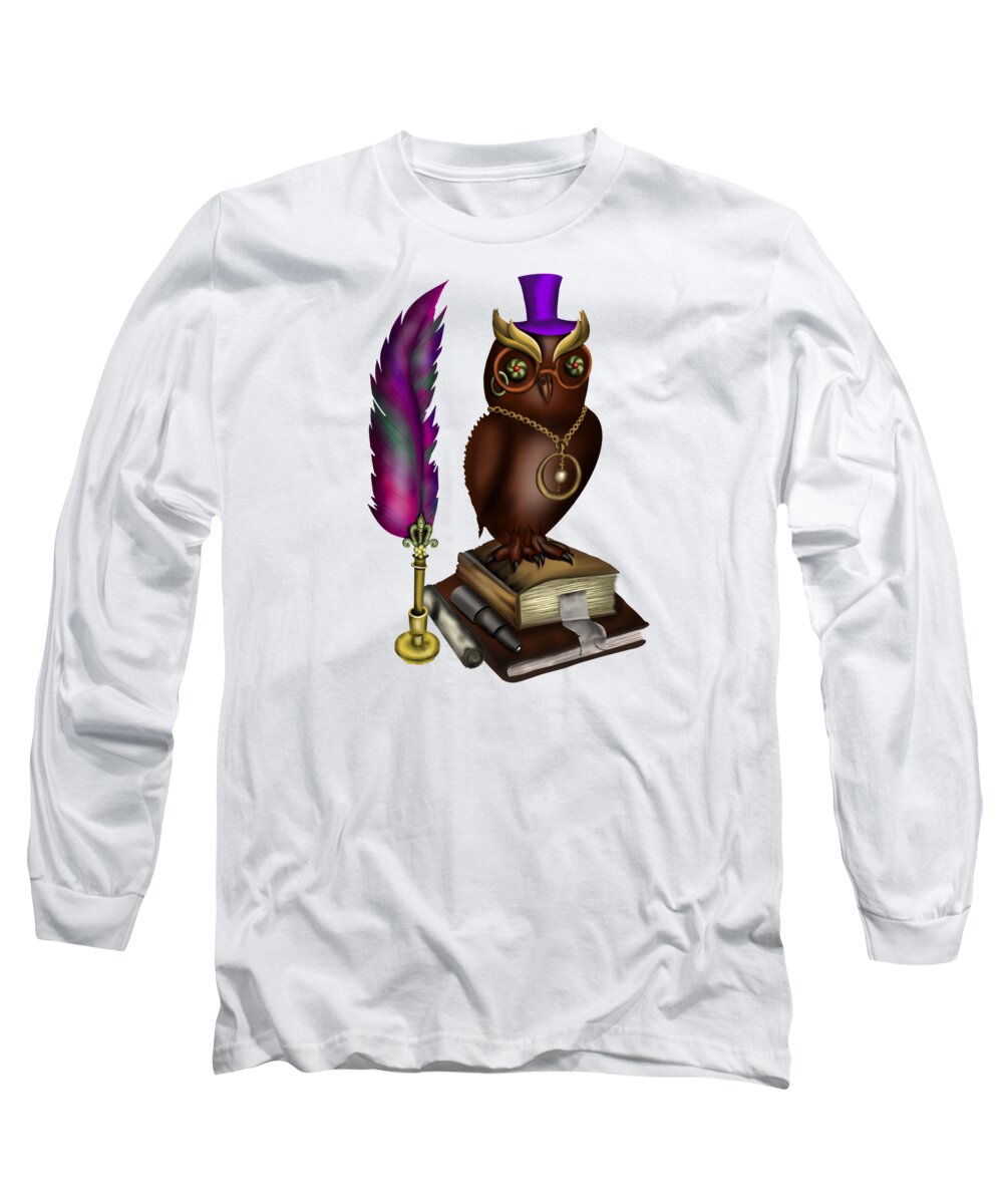 Steampunk Long Sleeve T-Shirt featuring the painting Steampunk owl with feather pen and books by Patricia Piotrak