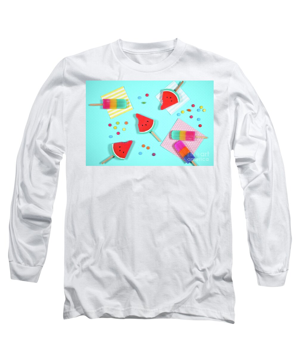 Summer Long Sleeve T-Shirt featuring the photograph Summer beach vacation theme flatlay styled with watermelon and ice creams by Milleflore Images