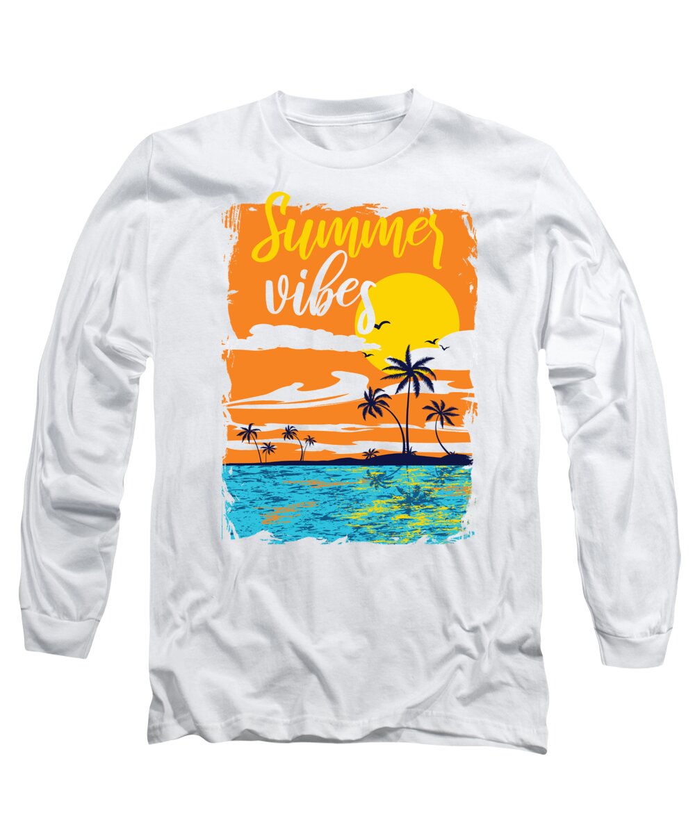 Colorful Long Sleeve T-Shirt featuring the digital art Summer Vibes Tropical Sunset Palm Trees by Jacob Zelazny
