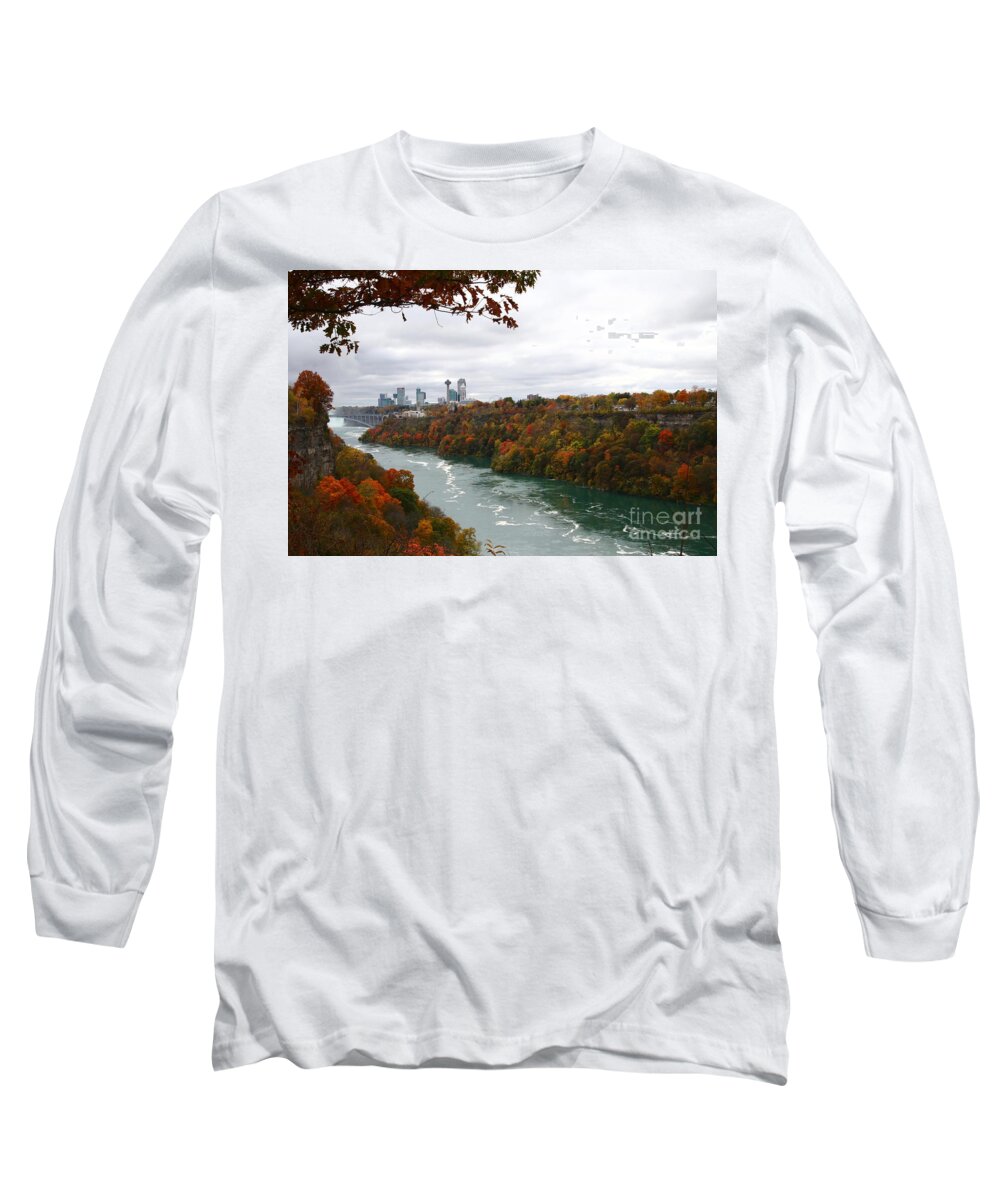 Buildings Of Niagara Falls Ontario Canada New York Long Sleeve T-Shirt featuring the photograph Sun Lit Niagara Gorge Pandemic Autumn by Tony Lee