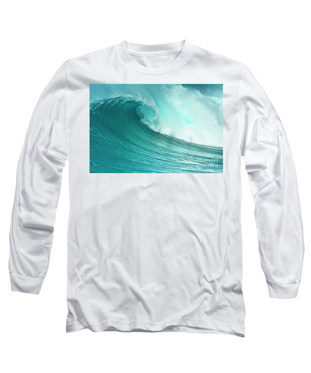 Waves Long Sleeve T-Shirt featuring the photograph Surf wave curl pipe, Algarve, Portugal by Neale And Judith Clark