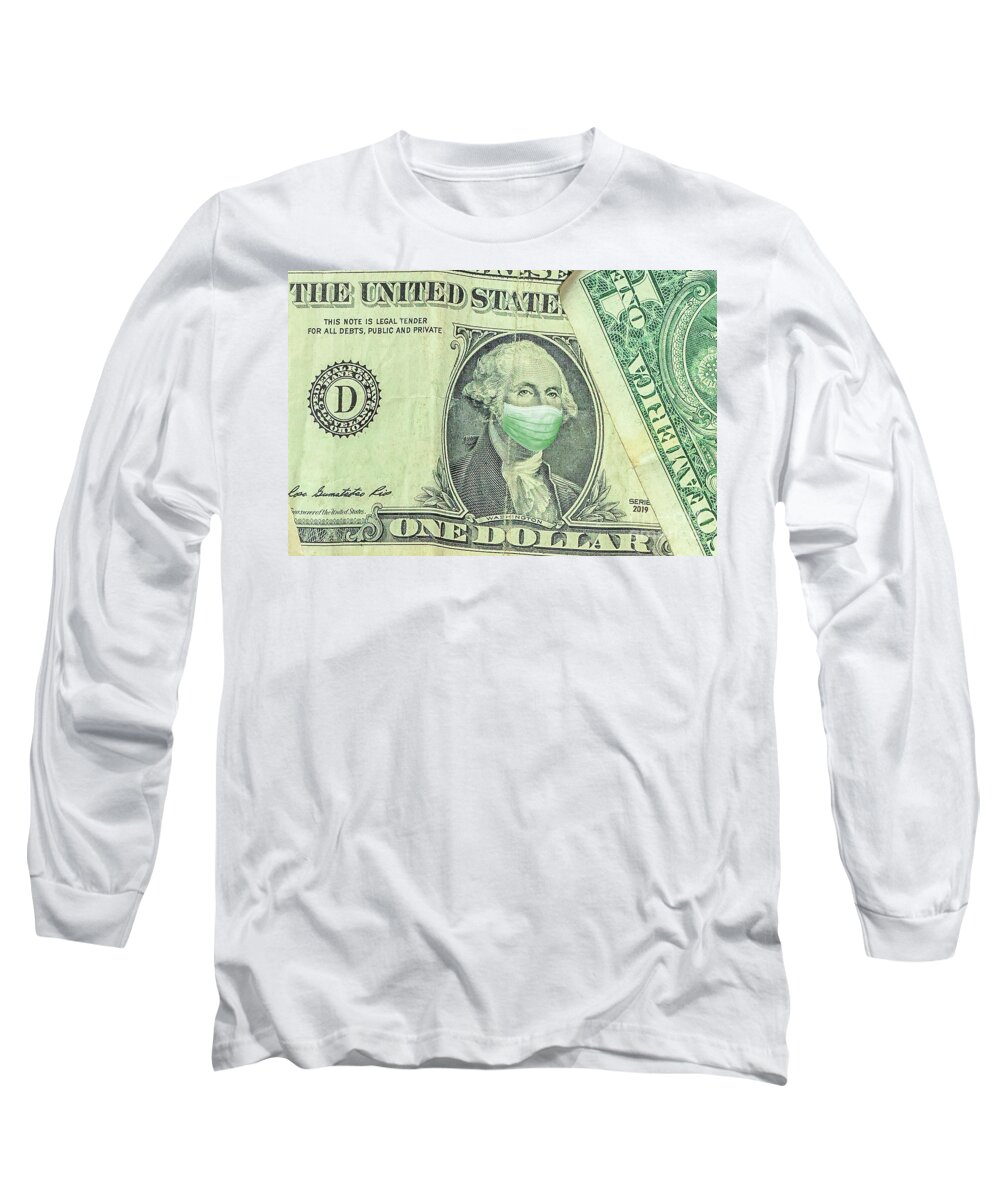 Mask Long Sleeve T-Shirt featuring the photograph Surgical mask on George Washington one American dollar by Benny Marty