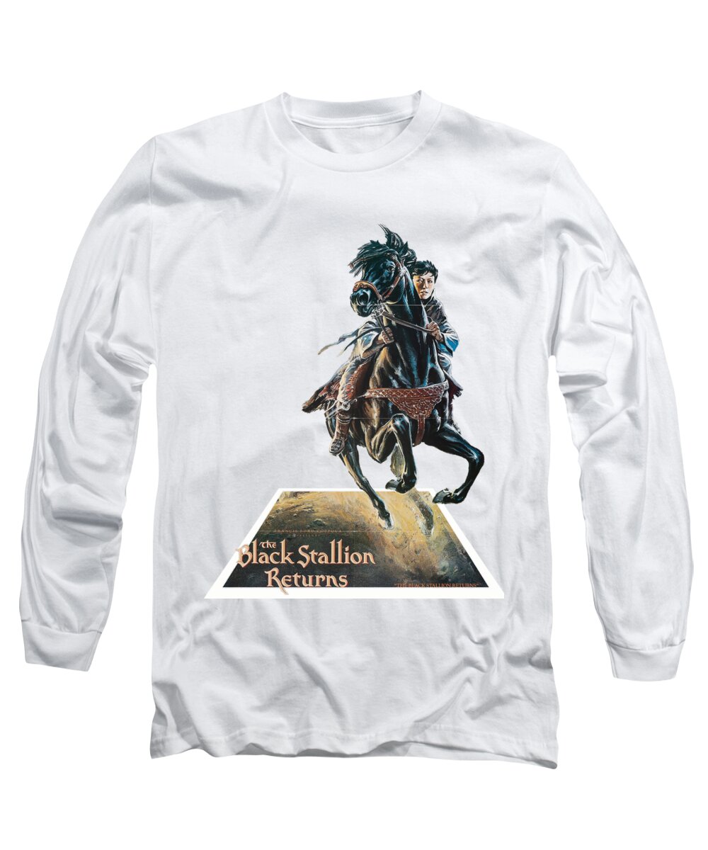 Black Long Sleeve T-Shirt featuring the mixed media ''The Black Stallion Returns'', 1979 - 3d movie poster by Movie World Posters