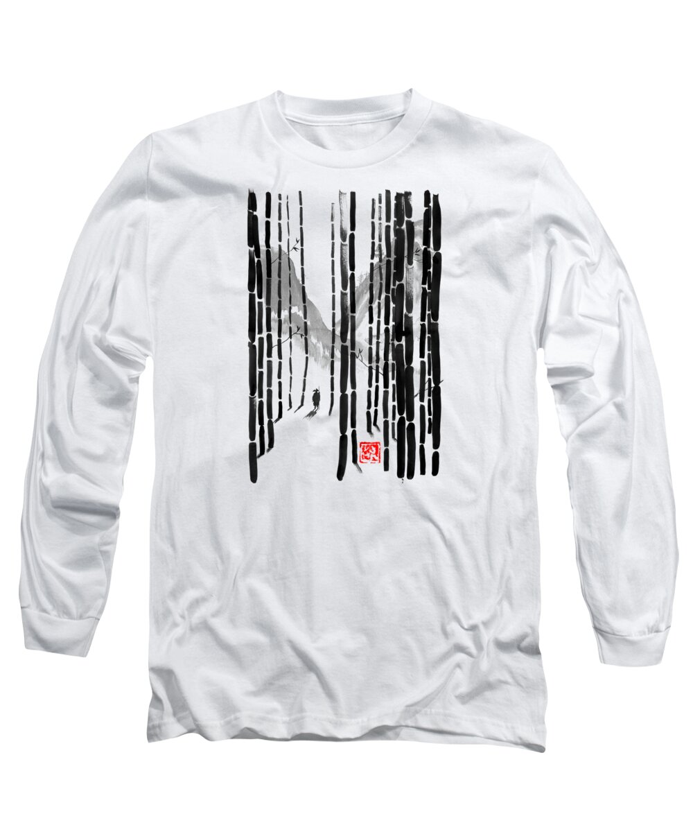  Sumie Long Sleeve T-Shirt featuring the drawing The Journey To The Sea by Pechane Sumie