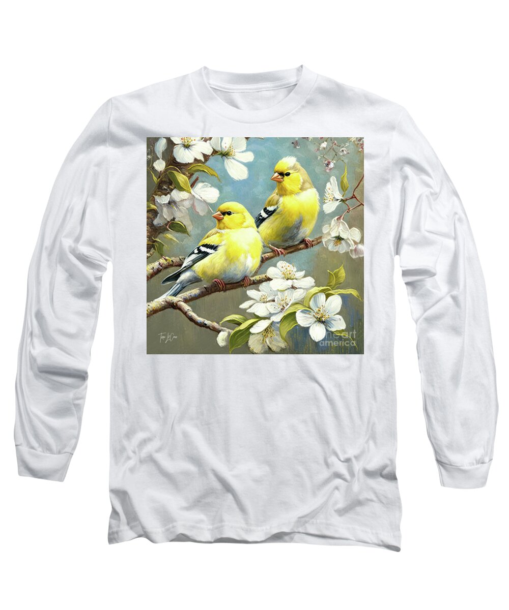 American Goldfinches Long Sleeve T-Shirt featuring the painting The Lovely Goldfinches by Tina LeCour