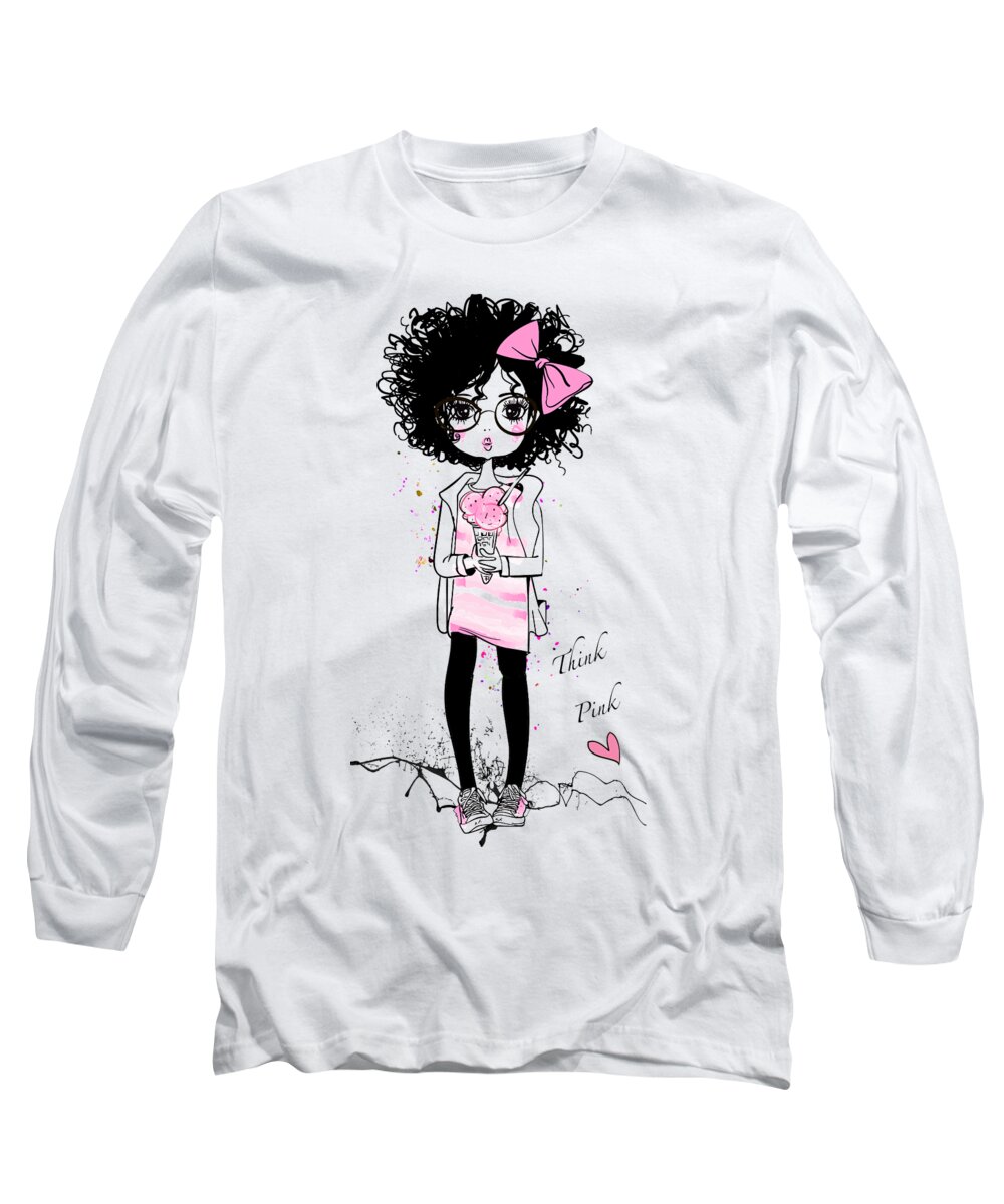 Girl Long Sleeve T-Shirt featuring the painting Think Pink by Miki De Goodaboom