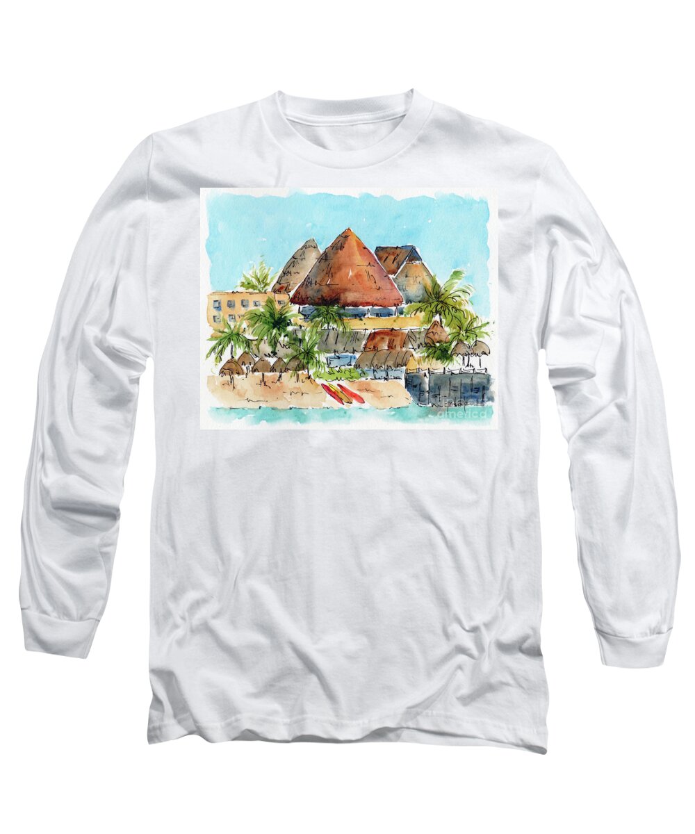 Impressionism Long Sleeve T-Shirt featuring the painting Tiki Huts And Palapas Puerto Aventuras by Pat Katz