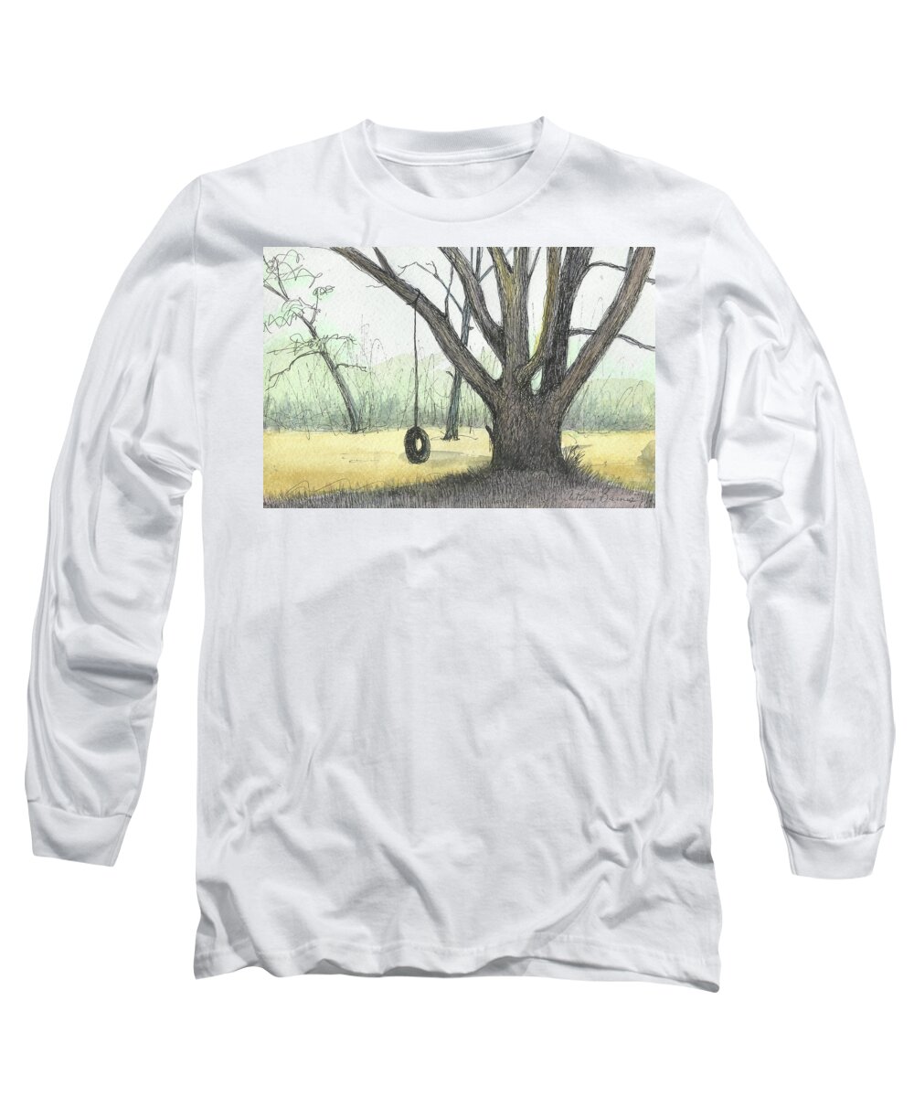 Swing Long Sleeve T-Shirt featuring the painting Tire Swing by Arthur Barnes
