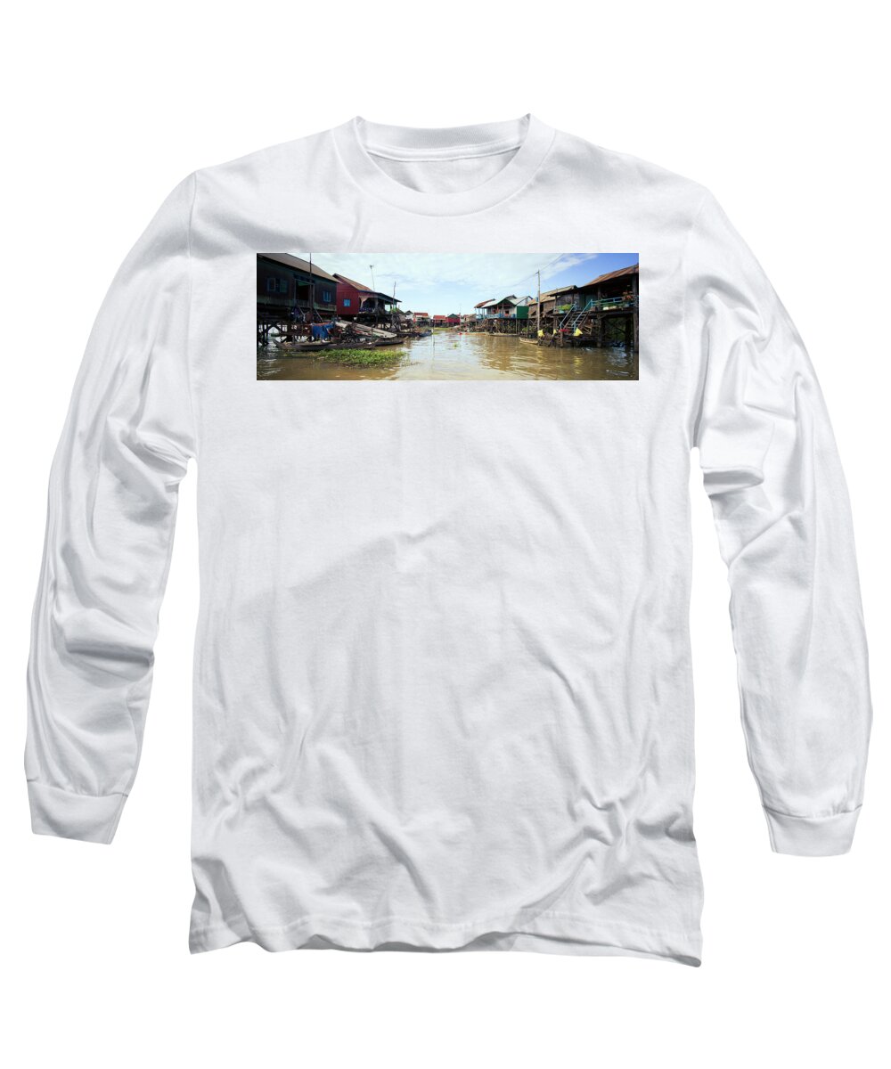 Panoramic Long Sleeve T-Shirt featuring the photograph Tonlesap lake cambodia floating village kampong khleang 2 by Sonny Ryse
