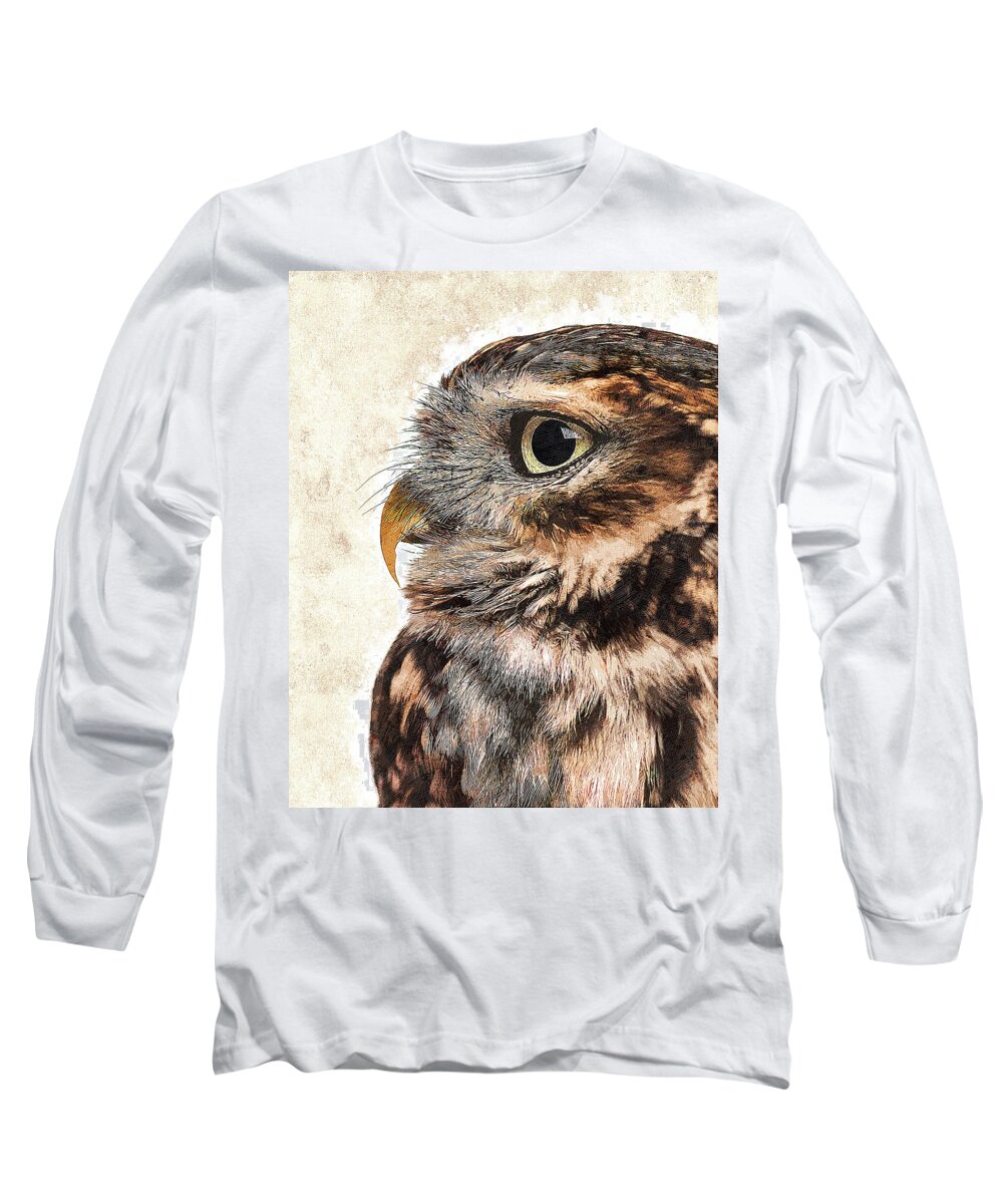 Owl Long Sleeve T-Shirt featuring the painting Too much cuteness - Little Owl, Athene noctua by Custom Pet Portrait Art Studio
