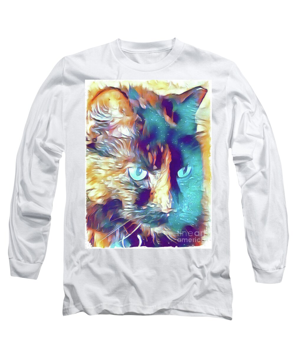 Cat; Kitten; Torti; Torti Cat; Tortoiseshell; Gold; Brown; Black; Teal; Cat Eyes; Kitten Eyes; Close-up; Photography; Painting; Profile; Long Sleeve T-Shirt featuring the photograph Torti in Teal by Tina Uihlein