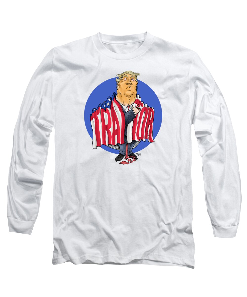 Tee Shirt Design Long Sleeve T-Shirt featuring the drawing Traitor Trump by Mike Scott