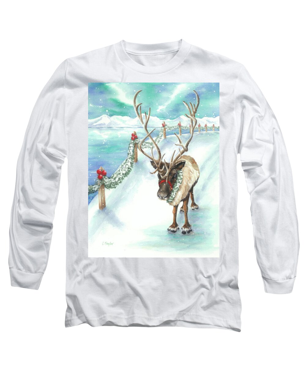 Reindeer Long Sleeve T-Shirt featuring the painting Tranquil Trek by Lori Taylor