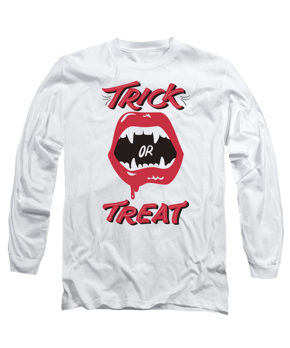 Halloween Long Sleeve T-Shirt featuring the digital art Trick Or Treat, Halloween Mouth Dripping Blood, Halloween by Mounir Khalfouf
