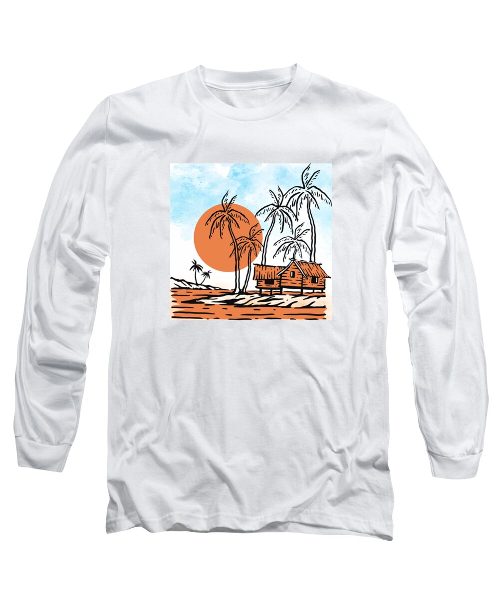 Vintage Poster Long Sleeve T-Shirt featuring the drawing Tropical Vibes Nature illustration landscape hut palm trees on a cloudy blue sky Rural summer scene by Mounir Khalfouf