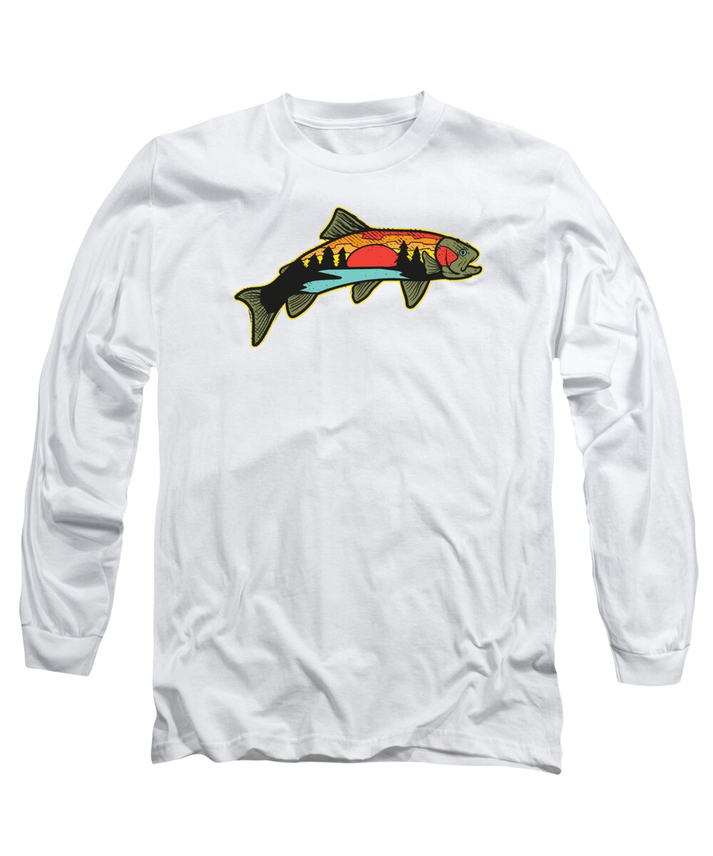 Trout Long Sleeve T-Shirt featuring the digital art Trout Fishing Angler Nature Trout Illustration Bass by Toms Tee Store