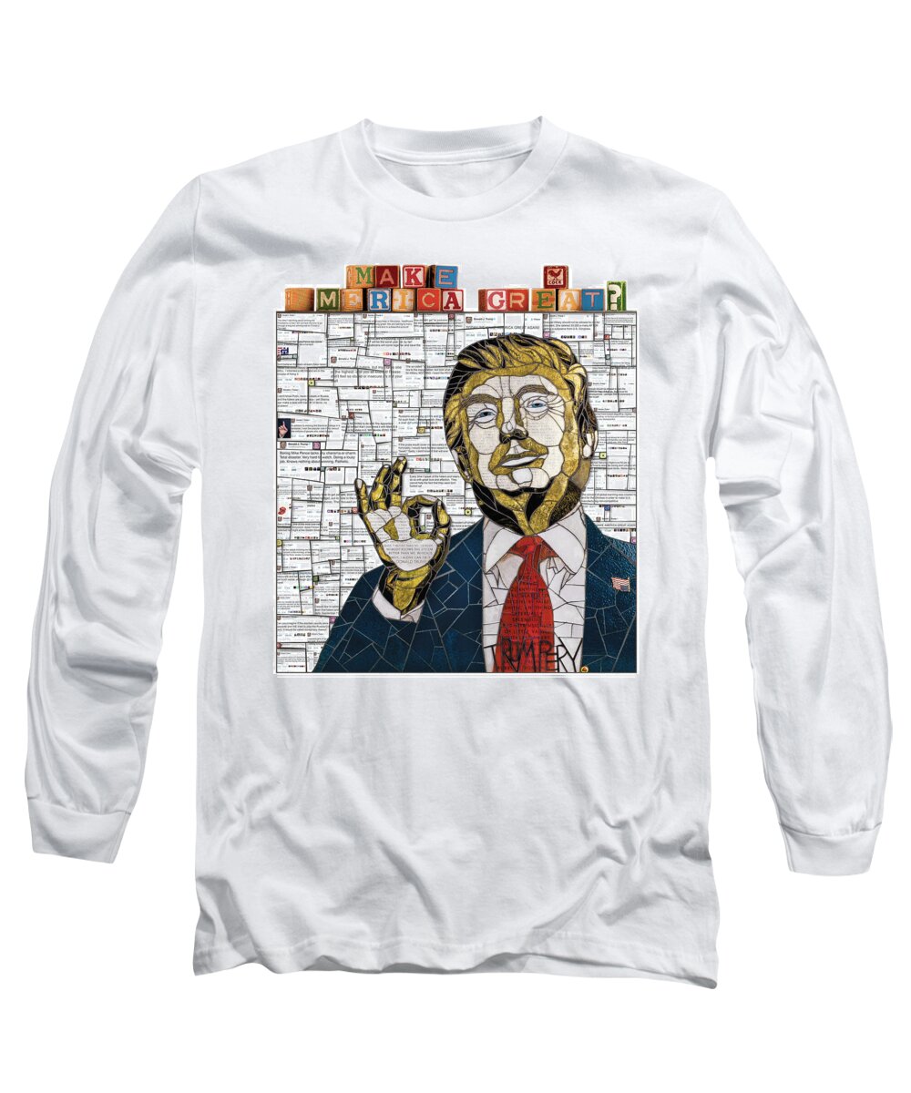 Trump Mosaic Tweets Twitte Anti-trump Political Art Long Sleeve T-Shirt featuring the glass art Verbatim by Cherie Bosela